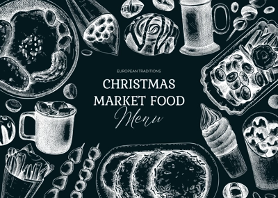 Street food and drink background. Traditional European Christmas market  pastries, sweets, grilled meat, raclette, hot drinks sketches on chalkboard. Hand-drawn vector illustration. Fast food menu 